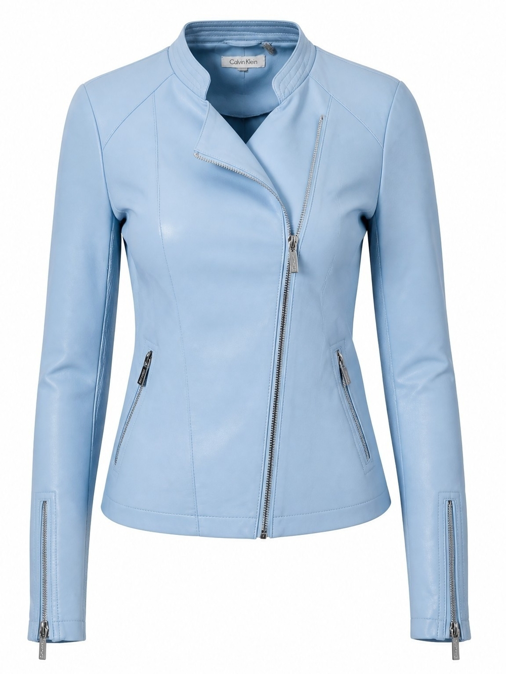 Calvin Klein Light Blue Leather Asymmetrical Zip Jacket